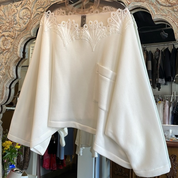 White lace illusion mesh dolman oversize soft fleece lined sweatshirt top - Picture 2 of 11